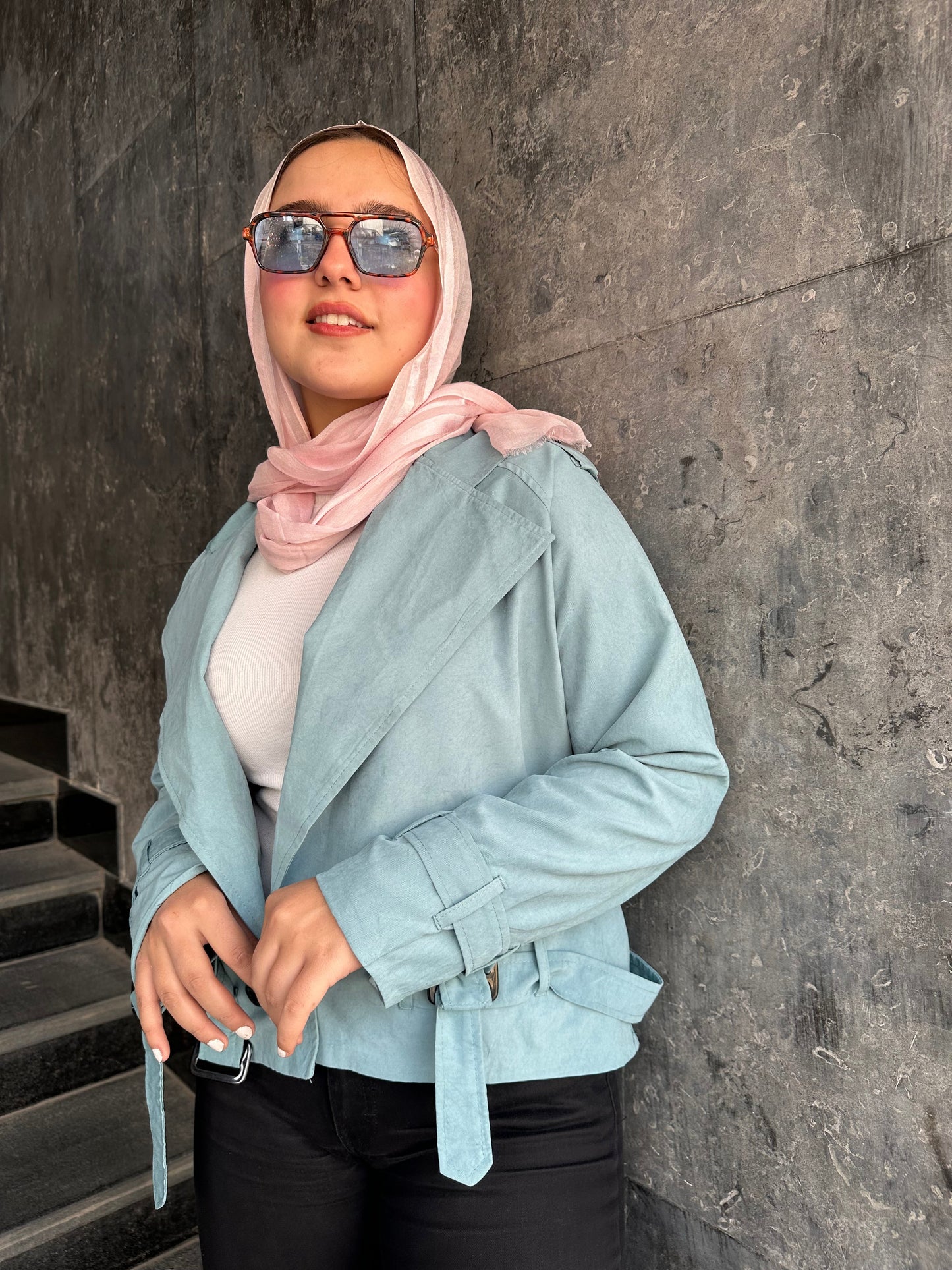 Cropped Trench Coat-Dark Aqua