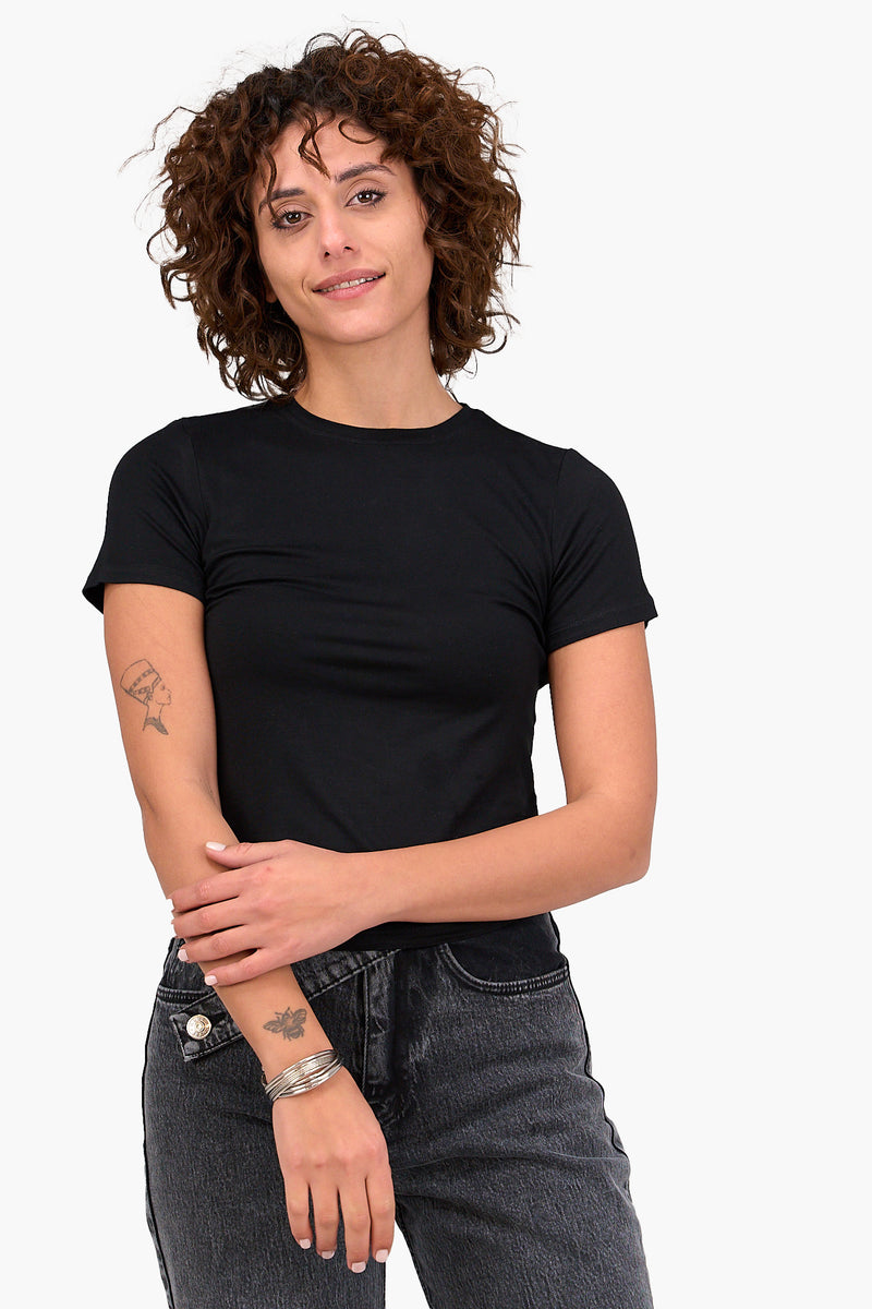 Viscose Basic Top with Short Sleeves - Black